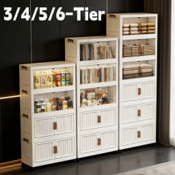 3/4/5/6-layer white plastic storage bins, foldable and stackable, with double doors, handles, and lockable wheels, see-through for easy storage, perfect for bedrooms, closets, and the living room