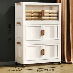 3/4/5/6-layer white plastic storage bins, foldable and stackable, with double doors, handles, and lockable wheels, see-through for easy storage, perfect for bedrooms, closets, and the living room