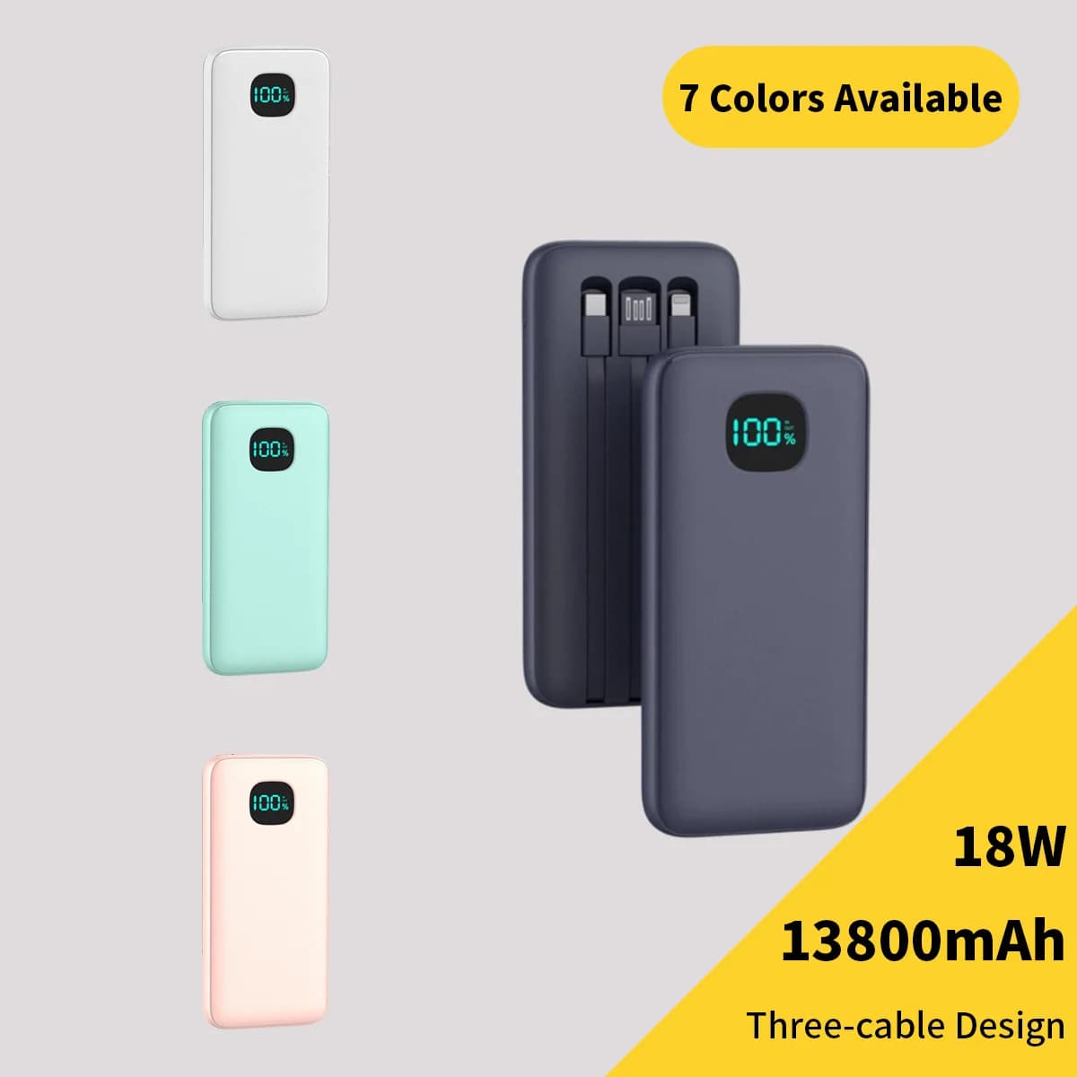Built-in 3 Cables Power Bank 13800mAh 18W PD Fast Charge Portable Charger LED Display External Battery Pack All in One Travel Power Supply For iPhone 16 15 14 Pro Max Samsung Galaxy S25 S24 Ultra Google Pixel iPad Tablet