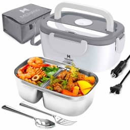 3 in 1 Electric Heating Lunch Box 65W Fast Food Heater 110V Home & 12V Car Dual Use 304 Stainless Steel 2 Compartments Food Warmer Container with Insulated Bag Spoon Fork For Office Travel Truck