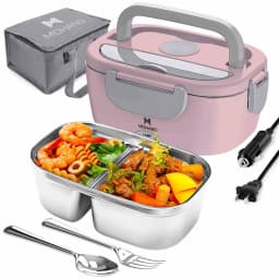 3 in 1 Electric Heating Lunch Box 65W Fast Food Heater 110V Home & 12V Car Dual Use 304 Stainless Steel 2 Compartments Food Warmer Container with Insulated Bag Spoon Fork For Office Travel Truck