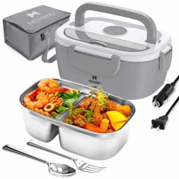 3 in 1 Electric Heating Lunch Box 65W Fast Food Heater 110V Home & 12V Car Dual Use 304 Stainless Steel 2 Compartments Food Warmer Container with Insulated Bag Spoon Fork For Office Travel Truck