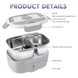 3 in 1 Electric Heating Lunch Box 65W Fast Food Heater 110V Home & 12V Car Dual Use 304 Stainless Steel 2 Compartments Food Warmer Container with Insulated Bag Spoon Fork For Office Travel Truck