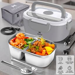 3 in 1 Electric Heating Lunch Box 65W Fast Food Heater 110V Home & 12V Car Dual Use 304 Stainless Steel 2 Compartments Food Warmer Container with Insulated Bag Spoon Fork For Office Travel Truck