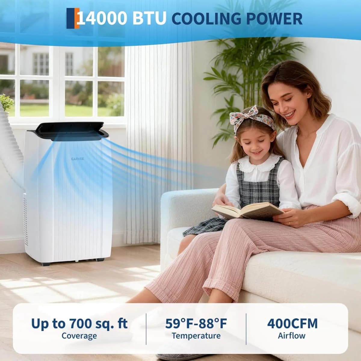 14000 BTU Portable Air Conditioner, 3 In 1 AC Unit with Fan, Dehumidifier & 48dB Quiet,Remote Control, Cools up to 750 Sq.Ft,24H Timer,Window Kits Included for Room Indoor Office & Dorms