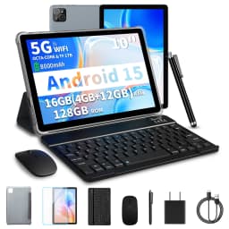 PRITOM Android Tablet with Keyboard, Android 15 Tablet with 16GB(4GB Physical + 12GB Virtual)+128GB+1TB Expand, 10 Inch Tablet PC with 8-Core, 5G WiFi, 8000mAh, 2-in-1 Tablet with Case, Mouse, Stylus(Black)