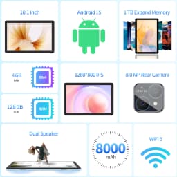 PRITOM Android Tablet with Keyboard, Android 15 Tablet with 16GB(4GB Physical + 12GB Virtual)+128GB+1TB Expand, 10 Inch Tablet PC with 8-Core, 5G WiFi, 8000mAh, 2-in-1 Tablet with Case, Mouse, Stylus(Black)