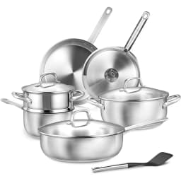 KOCH SYSTEME CS 10 Piece Pots and Pan Set Stainless Steel Kitchen Cookware Set Sauce pan Frying pan Stewpan Breakfast Steak frying pan Family Cooking Pots Induction Compatible