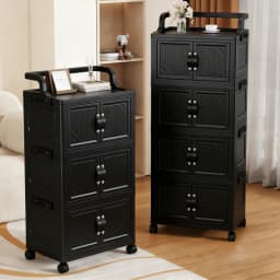 3/4/5 Tier Foldable Storage Cabinet with Wheels, Stackable Plastic Storage Bins with Double Doors, Collapsible Rolling Organizer with Handle & Hooks for Kitchen, Bedroom, Office, Black