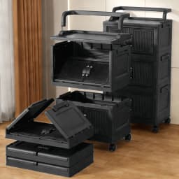 3/4/5 Tier Foldable Storage Cabinet with Wheels, Stackable Plastic Storage Bins with Double Doors, Collapsible Rolling Organizer with Handle & Hooks for Kitchen, Bedroom, Office, Black