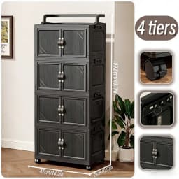 3/4/5 Tier Foldable Storage Cabinet with Wheels, Stackable Plastic Storage Bins with Double Doors, Collapsible Rolling Organizer with Handle & Hooks for Kitchen, Bedroom, Office, Black