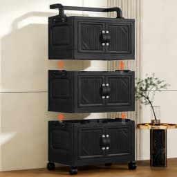 3/4/5 Tier Foldable Storage Cabinet with Wheels, Stackable Plastic Storage Bins with Double Doors, Collapsible Rolling Organizer with Handle & Hooks for Kitchen, Bedroom, Office, Black