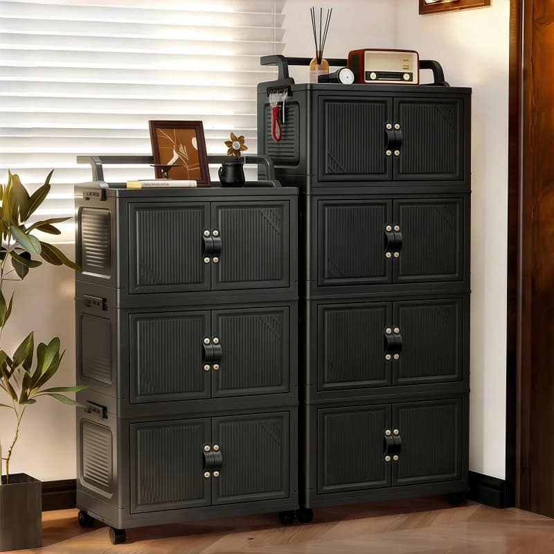 3/4/5 Tier Foldable Storage Cabinet with Wheels, Stackable Plastic Storage Bins with Double Doors, Collapsible Rolling Organizer with Handle & Hooks for Kitchen, Bedroom, Office, Black
