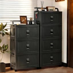 3/4/5 Tier Foldable Storage Cabinet with Wheels, Stackable Plastic Storage Bins with Double Doors, Collapsible Rolling Organizer with Handle & Hooks for Kitchen, Bedroom, Office, Black