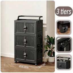3/4/5 Tier Foldable Storage Cabinet with Wheels, Stackable Plastic Storage Bins with Double Doors, Collapsible Rolling Organizer with Handle & Hooks for Kitchen, Bedroom, Office, Black
