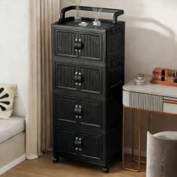 3/4/5 Tier Foldable Storage Cabinet with Wheels, Stackable Plastic Storage Bins with Double Doors, Collapsible Rolling Organizer with Handle & Hooks for Kitchen, Bedroom, Office, Black