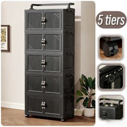 3/4/5 Tier Foldable Storage Cabinet with Wheels, Stackable Plastic Storage Bins with Double Doors, Collapsible Rolling Organizer with Handle & Hooks for Kitchen, Bedroom, Office, Black
