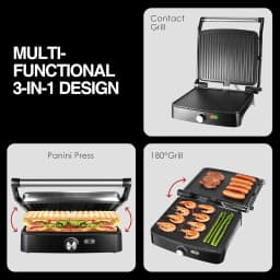 1200W Panini Press Grill with Adjustable Temperature, 4-Slice Indoor Grill, 180° Open Sandwich Maker with Drip Tray