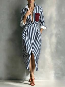 XTOCEAN Women's Striped Collared Button Front Midi Dress – Cuffed Long Sleeve Shirt Dress With Contrast Pocket For Office
