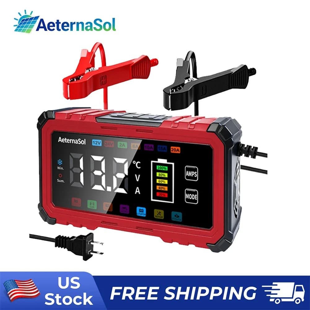 AeternaSol 12V 20A Heavy Duty Smart Trickle Charger Intelligent Pulse Repair Desulfator Battery Maintainer For Automotive Marine RV Tractor Lead Acid Lithium Batteries Full Auto Multi Stage Charging