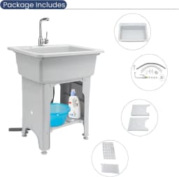 BYMAOCAR Multifunctional Freestanding PP Utility Laundry Sink with Hot & Cold Water Faucet, Indoor Outdoor Heavy Duty Wash Tub Station