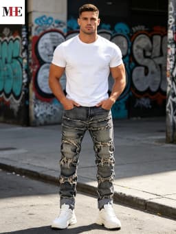 HME Men's Charcoal Grey Denim Pants, Slim Straight Long Pants with Multi-Layer Fringe Patchwork & Vintage Mud Washed Finish