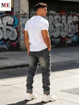 HME Men's Charcoal Grey Denim Pants, Slim Straight Long Pants with Multi-Layer Fringe Patchwork & Vintage Mud Washed Finish