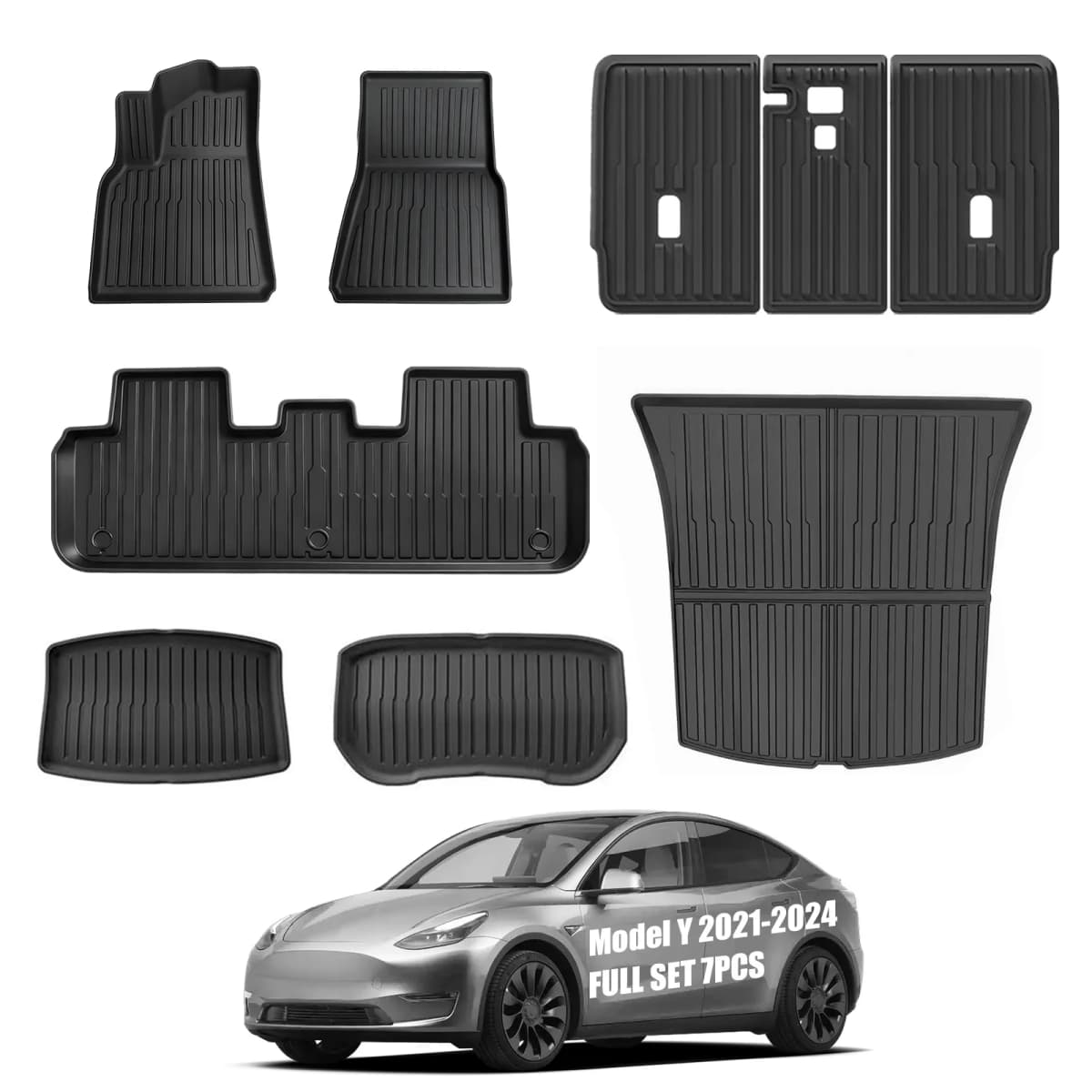 For 2021-2024 Model Y 7PCS Full Set TPE Floor Mats Full Coverage Custom Fit All Weather Waterproof Anti-Slip Odorless Easy Clean Cargo Mat Rear Seat Back Protector