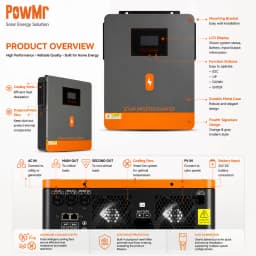 PowMr USA 4.5KVA 4200W/4.2KW 24V Hybrid Solar Inverters 220Vac Output Max 6200W 500Vdc PV Input With MPPT 120A Charge Regulator Support Wifi for Lifepo4 Power Bank Home RV Cabin Solar Energy Storage System