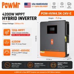 PowMr USA 4.5KVA 4200W/4.2KW 24V Hybrid Solar Inverters 220Vac Output Max 6200W 500Vdc PV Input With MPPT 120A Charge Regulator Support Wifi for Lifepo4 Power Bank Home RV Cabin Solar Energy Storage System