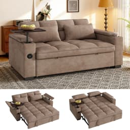 65" 3-in-1 Folding Convertible Sofa Bed with 360° Swivel Side Table, Pull Out Couch USB Charging, Modern Corduroy Chenille, Black