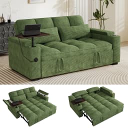 65" 3-in-1 Folding Convertible Sofa Bed with 360° Swivel Side Table, Pull Out Couch USB Charging, Modern Corduroy Chenille, Black