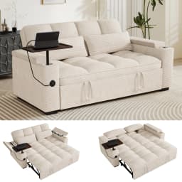65" 3-in-1 Folding Convertible Sofa Bed with 360° Swivel Side Table, Pull Out Couch USB Charging, Modern Corduroy Chenille, Black