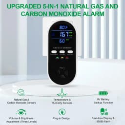 5-in-1 Combination Gas & Carbon Monoxide Detector,AC-Plug-in Natural Gas,Propane&CO Alarm with Adjustable Volume & Brightness,Battery Backup,Temperature(°F)&Humidity Sensor for Home,RV,Hotel