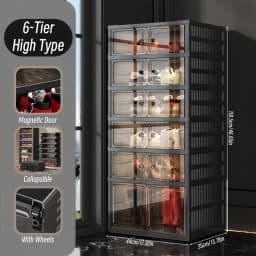 3/6-Layer Foldable Shoe Cabinet with Magnetic Doors, Stackable Clear-Front Shoe Boxes, Rolling Foldable Shoe Rack, Suitable for Hallway, Wardrobe, Bedroom, Black