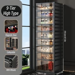 3/6-Layer Foldable Shoe Cabinet with Magnetic Doors, Stackable Clear-Front Shoe Boxes, Rolling Foldable Shoe Rack, Suitable for Hallway, Wardrobe, Bedroom, Black