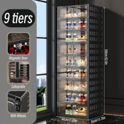 3/6-Layer Foldable Shoe Cabinet with Magnetic Doors, Stackable Clear-Front Shoe Boxes, Rolling Foldable Shoe Rack, Suitable for Hallway, Wardrobe, Bedroom, Black