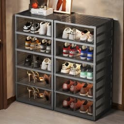3/6-Layer Foldable Shoe Cabinet with Magnetic Doors, Stackable Clear-Front Shoe Boxes, Rolling Foldable Shoe Rack, Suitable for Hallway, Wardrobe, Bedroom, Black
