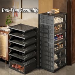 3/6-Layer Foldable Shoe Cabinet with Magnetic Doors, Stackable Clear-Front Shoe Boxes, Rolling Foldable Shoe Rack, Suitable for Hallway, Wardrobe, Bedroom, Black