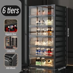 3/6-Layer Foldable Shoe Cabinet with Magnetic Doors, Stackable Clear-Front Shoe Boxes, Rolling Foldable Shoe Rack, Suitable for Hallway, Wardrobe, Bedroom, Black