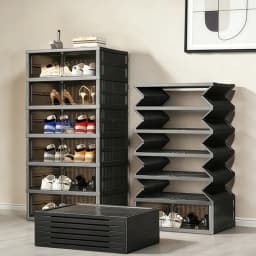 3/6-Layer Foldable Shoe Cabinet with Magnetic Doors, Stackable Clear-Front Shoe Boxes, Rolling Foldable Shoe Rack, Suitable for Hallway, Wardrobe, Bedroom, Black