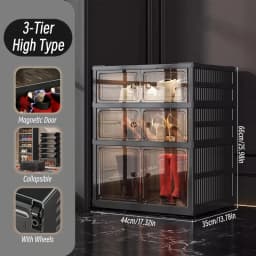 3/6-Layer Foldable Shoe Cabinet with Magnetic Doors, Stackable Clear-Front Shoe Boxes, Rolling Foldable Shoe Rack, Suitable for Hallway, Wardrobe, Bedroom, Black