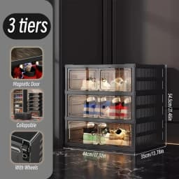3/6-Layer Foldable Shoe Cabinet with Magnetic Doors, Stackable Clear-Front Shoe Boxes, Rolling Foldable Shoe Rack, Suitable for Hallway, Wardrobe, Bedroom, Black