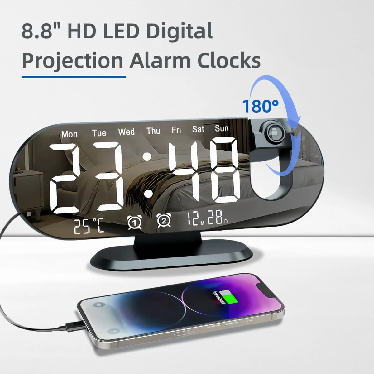Projection Alarm Clock Bedroom 180° Rotating LED Large Display Ceiling Projector Dual Alarm Dimmer USB Charging Digital Clock Home Decor Holiday Gift