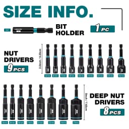 Magnetic Nut Driver Set, 18PCs Impact Driver Bit Set, Deep Nut Drivers Set, Metric Nut Driver for Impact Drill, 5-14 MM Nut Drivers and 6-17 MM Nut Deep Drivers, Bit Holder, for Car Repairs