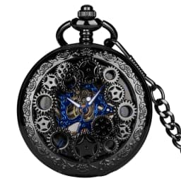 Manual Men's Mechanical Pocket Watch Hollow Design Roman Numerals Vintage Metal Pocket Watch Clock Chain Pendant Blue