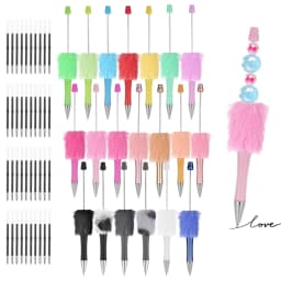 20pcs Fluffy Beadable Pens, Cute Beaded Pen with Plush Ball DIY Beads Shaft 40 Refills Black Ink Ballpoint Pen with Focal Beads for Pens Office School Gifts (Multicolor)