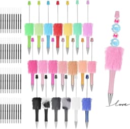 20pcs Fluffy Beadable Pens, Cute Beaded Pen with Plush Ball DIY Beads Shaft 40 Refills Black Ink Ballpoint Pen with Focal Beads for Pens Office School Gifts (Multicolor)