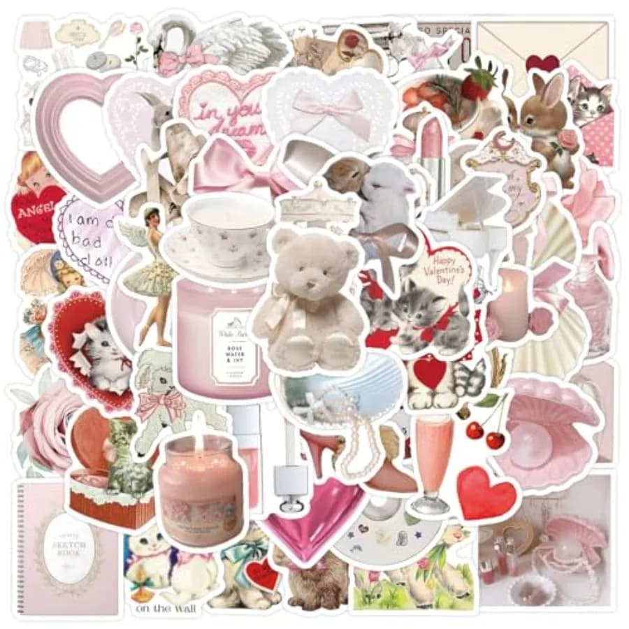 Cute Vinyl Laptop, Waterproof Aesthetic Stickers, Pink Sticker Pack for Girls Water Bottles Laptop Computer Phone Guitar 60 Coq
