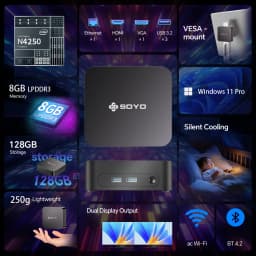 SOYO Mini PC Y5 AIR Intel Core I5 4250U 8GB RAM 128GB ROM Windows 11 Pro WiFi BT4.2 Office Desktop Computer 22nm 2.6ghz HDMI*2 USB3.0*4 RJ45*1 200MHZ Dual HDMI 4K Display Type-C